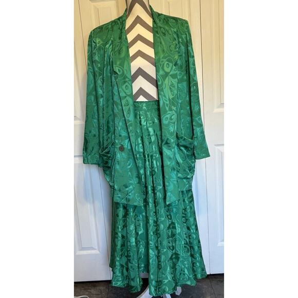 VINTAGE HONG KONG CHINESE SILK Green Pattern Flare Maxi Skirt Blazer Pockets Lux - Picture 3 of 9
